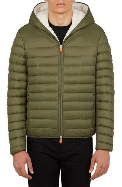 Shop Save The Duck Giga Waterproof Faux Shearling Lined Puffer Jacket In Dusty Olive