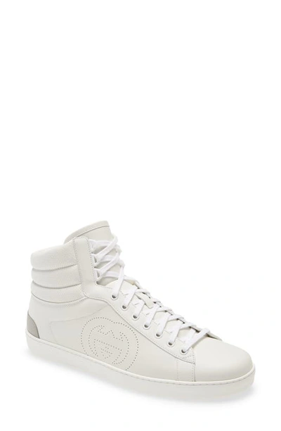 Shop Gucci New Ace Perforated Logo High Top Sneaker In White/ Great White