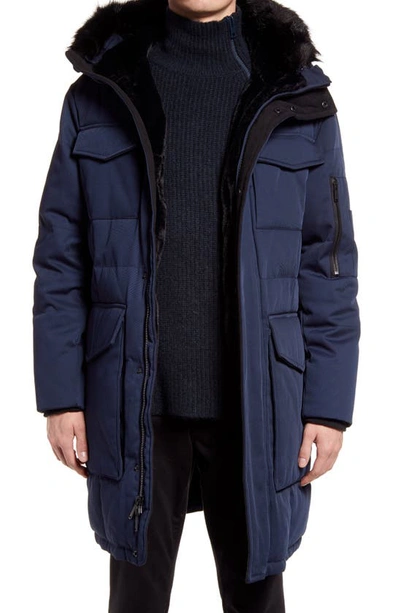 Shop Karl Lagerfeld Plaid Down & Feather Parka In Navy