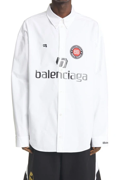 Shop Balenciaga Soccer Logo Oversize Poplin Button-down Shirt In White