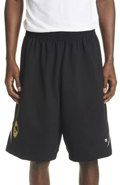 Shop Balenciaga Logo Cotton Jersey Soccer Shorts In Black/white