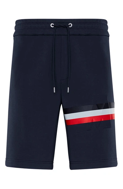 Shop Moncler Logo Embossed Stripe French Terry Bermuda Sweat Shorts In Navy