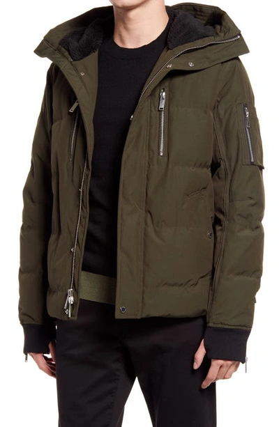 Shop Karl Lagerfeld Mid Length Down & Feather Jacket With Faux Shearling Lining In Olive