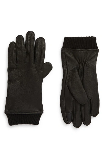 Shop Polo Ralph Lauren Iconic Ribbed Cuff Touchscreen Leather Gloves In Black