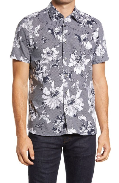 Shop Ted Baker Peanut Floral Short Sleeve Cotton Button-up Shirt In Navy