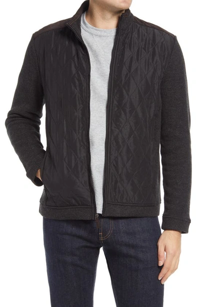 Shop Johnston & Murphy Quilted Panel Zip Cardigan Sweater In Black