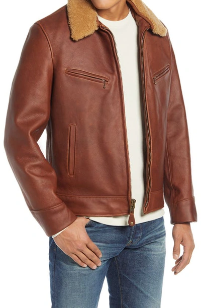 Shop Schott Leather Moto Jacket With Genuine Shearling Trim In Luggage