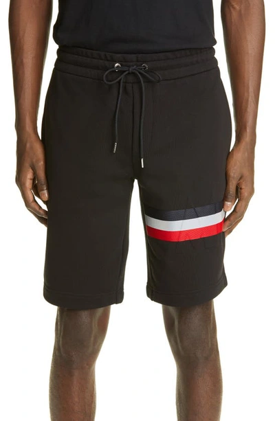 Shop Moncler Logo Embossed Stripe French Terry Bermuda Sweat Shorts In Black