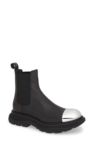 Shop Alexander Mcqueen Metal Cap Toe Chelsea Boot In Black/ Silver