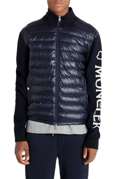 Shop Moncler Quilted Down Front Tricot Cotton Cardigan In Navy