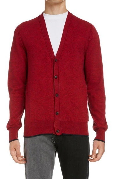 Shop Maison Margiela Elbow Patch Cotton & Wool Cardigan In F Red/ Navy