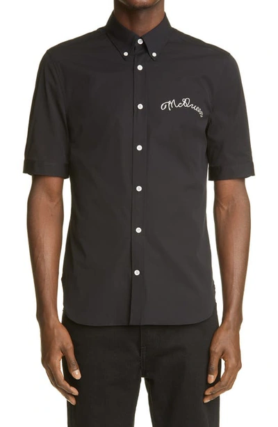Shop Alexander Mcqueen Script Stitch Short Sleeve Button-down Shirt In Black