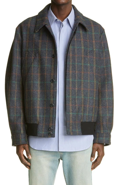 Shop 4sdesigns Half Check Wool Blend Bomber Jacket In Blue