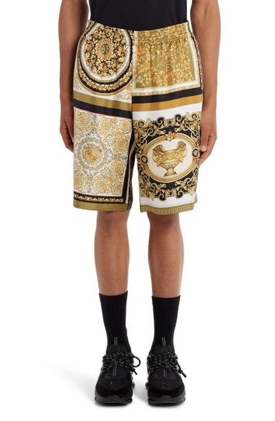 Shop Versace Barocco Mosaic Silk Shorts In Brown