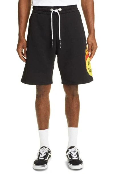 Shop Palm Angels Burning Head Logo Sweat Shorts In Black/ Yellow