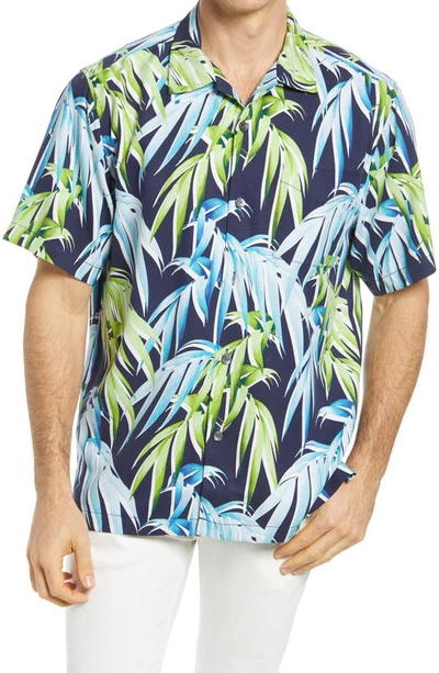 Shop Tommy Bahama Perfect Palmday Leaf Print Short Sleeve Silk Button-up Shirt In Ocean Deep