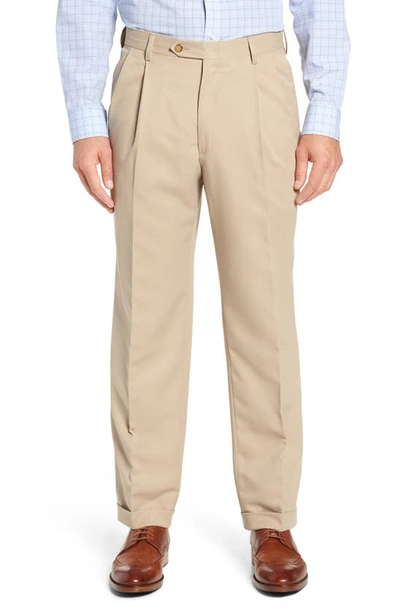 Shop Berle Classic Fit Pleated Microfiber Performance Trousers In Tan