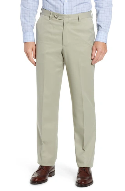 Shop Berle Classic Fit Flat Front Microfiber Performance Trousers In Taupe