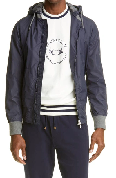 Shop Brunello Cucinelli Bomber Jacket With Removable Hood In Navy