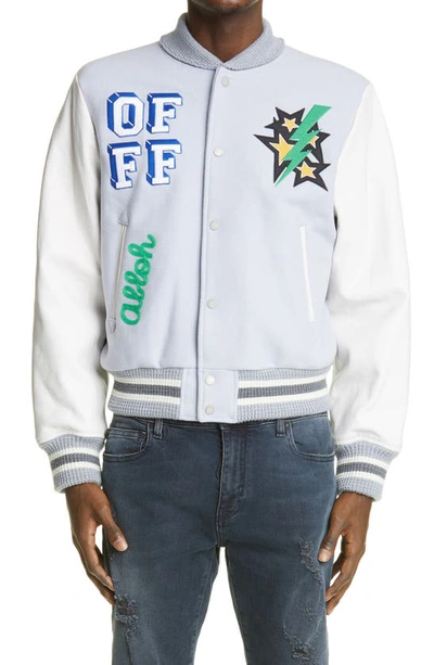 Shop Off-white Logo Leather Sleeve Wool Blend Varsity Jacket In High Rise