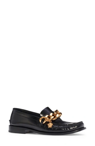 Shop Versace Medusa Chain Loafer In Black/ Gold