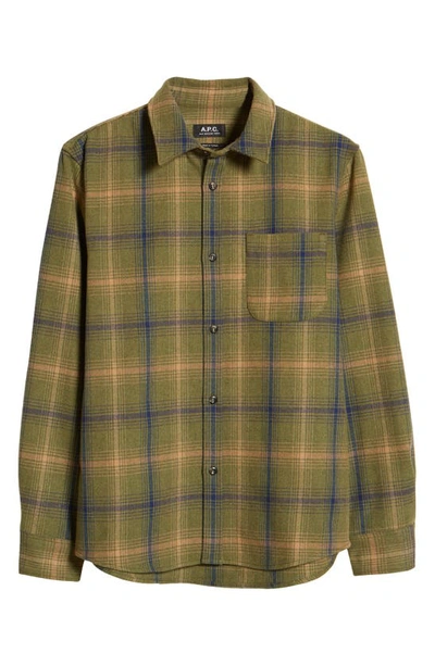 Shop A.p.c. Surchemise Trek Plaid Wool Blend Shirt Jacket In Khaki