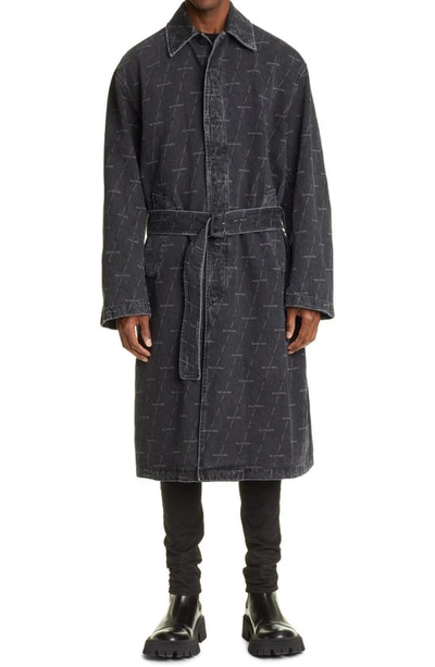 Shop Balenciaga Logo Denim Trench Coat In Stonewash Black