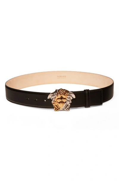 Shop Versace Bicolor Medusa Head Buckle Leather Belt In Black/gold/silver