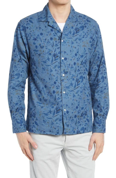 Shop Officine Generale Dario Floral Cotton & Linen Button-up Shirt In Denim Blue/ Blue/ Topaz