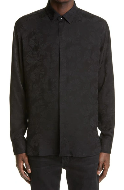 Shop Saint Laurent Parasol Jacquard Silk Button-up Shirt In Noir