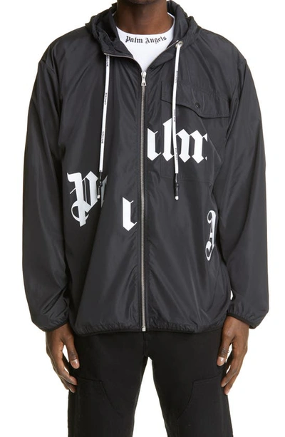 Shop Palm Angels Broken Logo Hooded Windbreaker Jacket In Black/ White