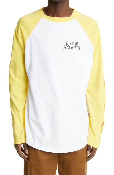 Shop Palm Angels Burning Head Logo Graphic Raglan Sleeve Tee In White/ Yellow