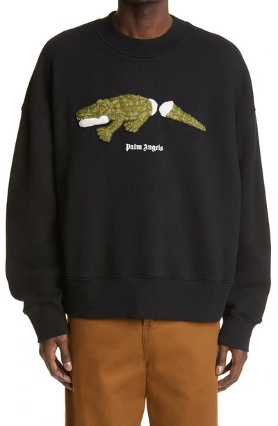 Shop Palm Angels Embroidered Croco Logo Sweatshirt In Black/ Green