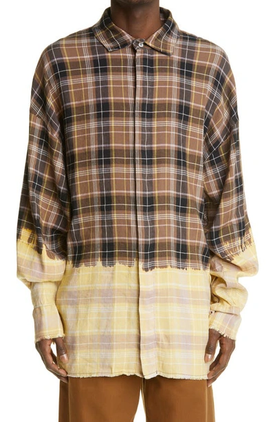 Shop Palm Angels Loose Fit Bleached Check Button-up Shirt In Brown/ White