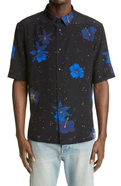 Shop Saint Laurent Confetti Hibiscus Short Sleeve Silk Button-up Shirt In Noir Blue