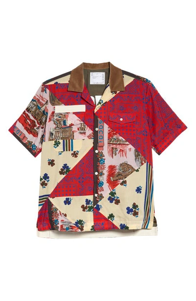 Shop Sacai Hank Willis Thomas Archive Patchwork Short Sleeve Button-up Shirt In Red Multi