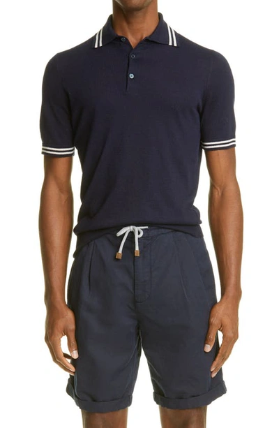 Shop Brunello Cucinelli Linen & Cotton Short Sleeve Polo In Navy