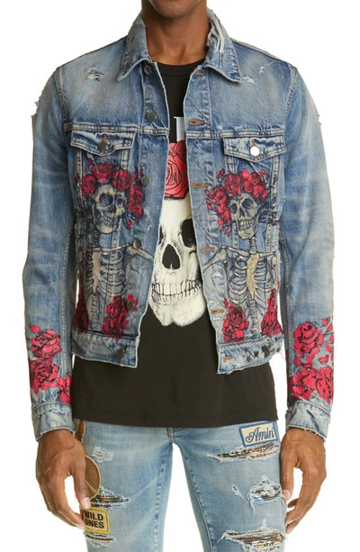 Shop Amiri Grateful Dead Skull & Roses Denim Trucker Jacket In Clay Indigo