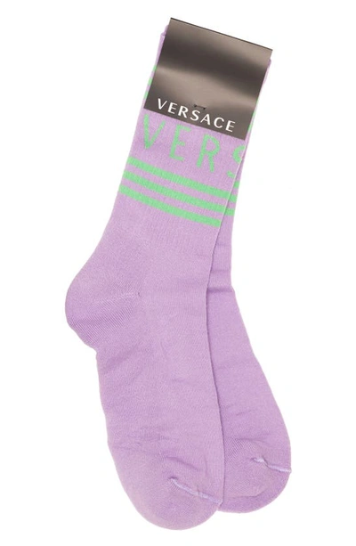 Shop Versace Logo Cotton Blend Crew Socks In Purple/ Green