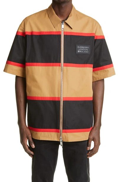 Shop Burberry Holmstall Stripe Short Sleeve Zip Shirt In Camel