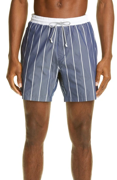 Shop Brunello Cucinelli Stripe Swim Trunks In Navy/ White