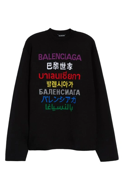 Shop Balenciaga Multicolor Multilingual Logo Intarsia Sweater In Black/ Multi