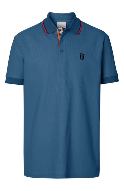 Shop Burberry Walton Tb Embroidered Short Sleeve Stretch Cotton Pique Polo In Dark Cerulean Blue