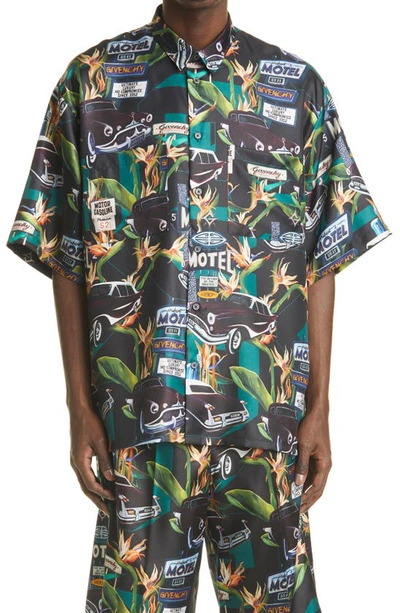 Shop Givenchy Relaxed Fit Motel Cars Print Button-up Silk Shirt In Black/green