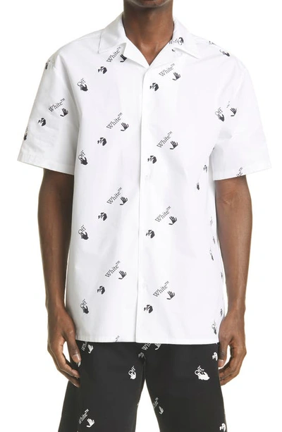 Shop Off-white Allover Logo Button-up Cotton Camp Shirt In White/ Black