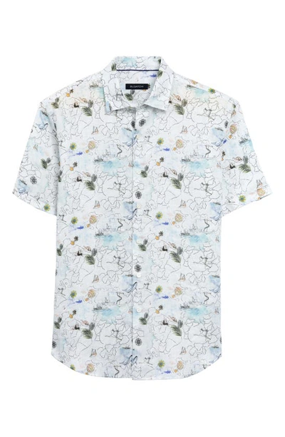 Shop Bugatchi Ocean Map Print Short Sleeve Button-up Linen Shirt In White