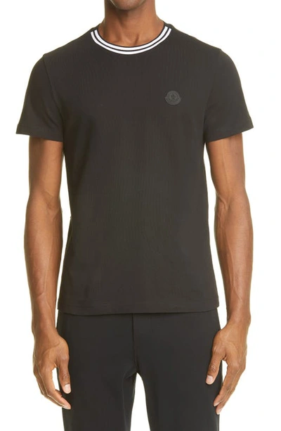 Shop Moncler Stripe Crewneck Cotton T-shirt In Black
