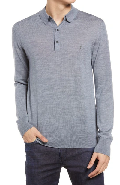 Shop Allsaints Mode Merino Wool Long Sleeve Polo In Twilight Blue Marl