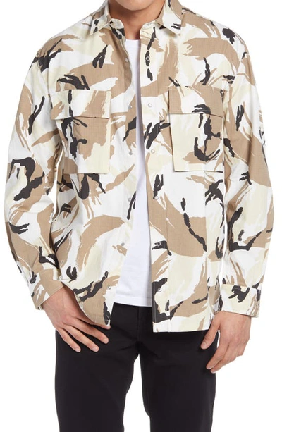 Shop Kenzo Camo Print Snap Front Overshirt In Off White
