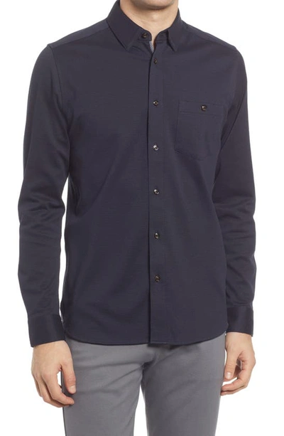 Shop Ted Baker Morty Knit Button-up Shirt In Navy